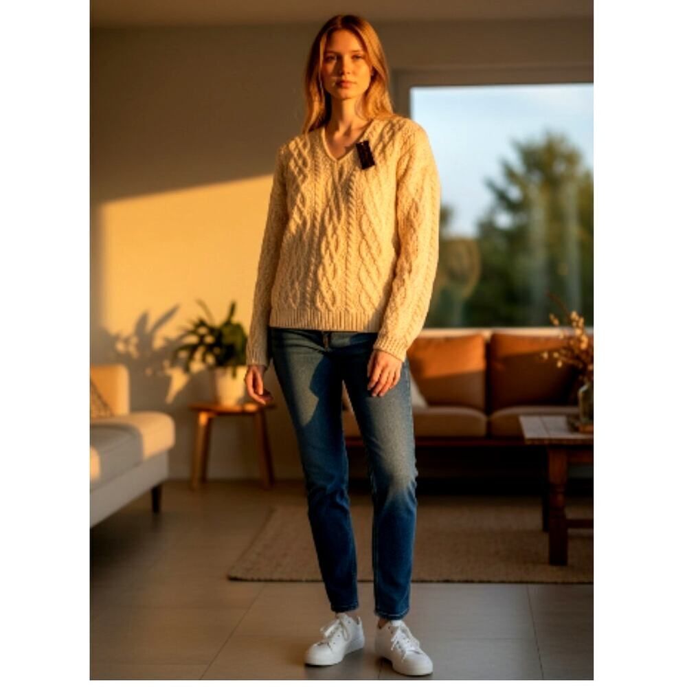 Designer Paul Jones New Ivory 100% Wool Cable Knit Pullover Sweater - Size Large